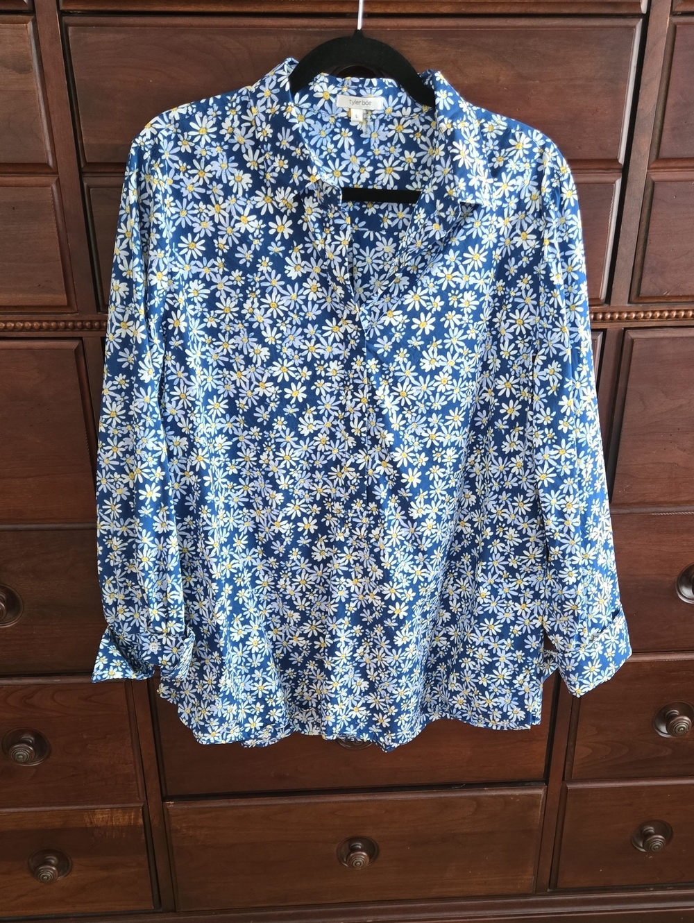 Tyler Boe Floral Daisy Print Blue Popover Blouse Size L Like New!